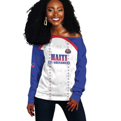 Custom Afro-Haitians Football Pride Off Shoulder Sweater Les Grenadiers Veve Vodou White Version - African Pride