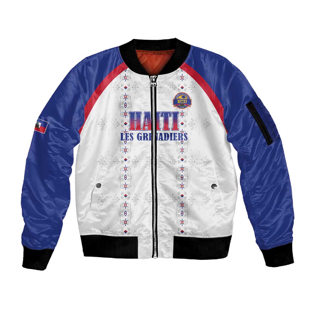 Custom Afro-Haitians Football Pride Sleeve Zip Bomber Jacket Les Grenadiers Veve Vodou White Version - African Pride