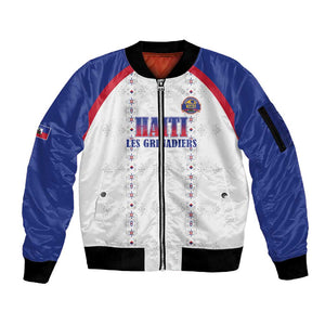 Custom Afro-Haitians Football Pride Sleeve Zip Bomber Jacket Les Grenadiers Veve Vodou White Version - African Pride