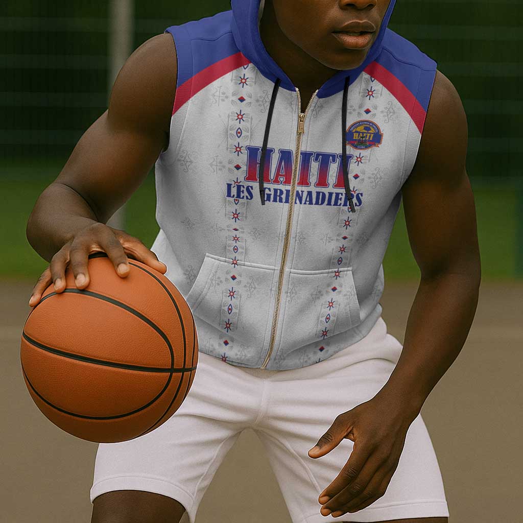 Custom Afro-Haitians Football Pride Sleeveless Zip Hoodie Les Grenadiers Veve Vodou White Version - African Pride