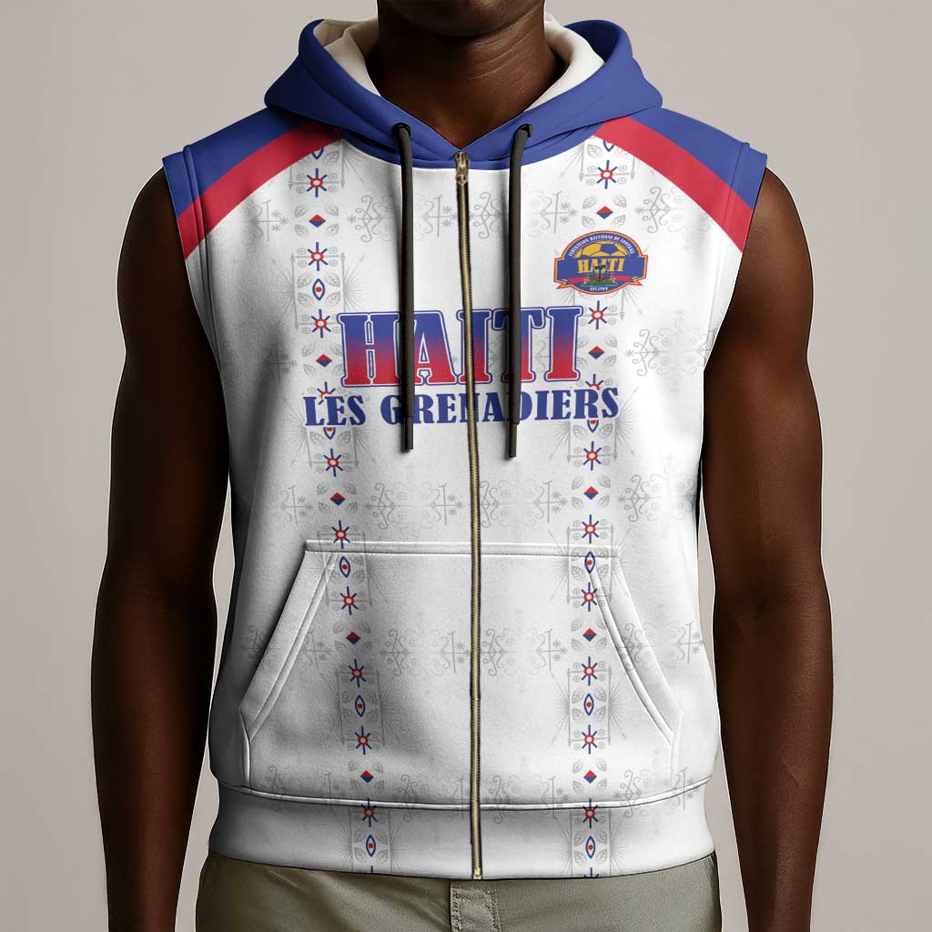 Custom Afro-Haitians Football Pride Sleeveless Zip Hoodie Les Grenadiers Veve Vodou White Version - African Pride