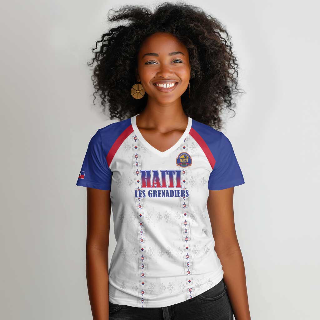 Custom Afro-Haitians Football Pride Women V-Neck T-Shirt Les Grenadiers Veve Vodou White Version - African Pride