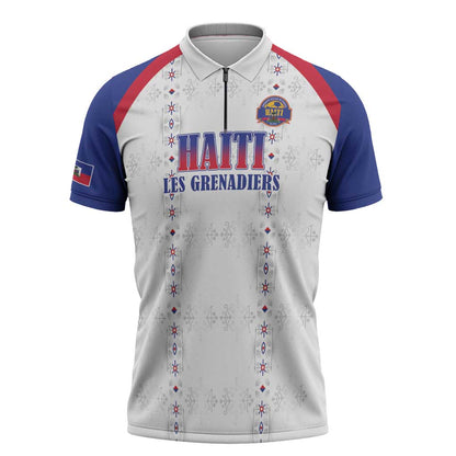 Custom Afro-Haitians Football Pride Zipper Polo Shirt Les Grenadiers Veve Vodou White Version