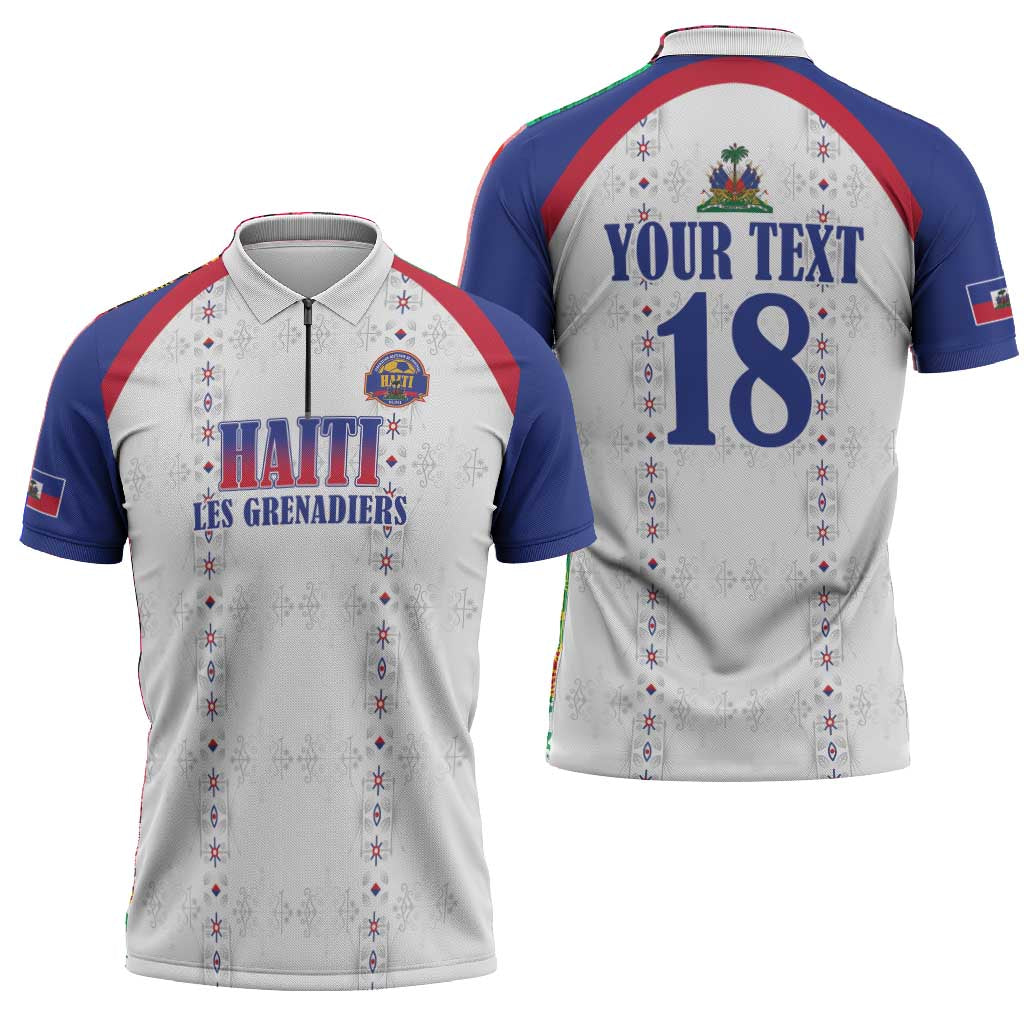 Custom Afro-Haitians Football Pride Zipper Polo Shirt Les Grenadiers Veve Vodou White Version