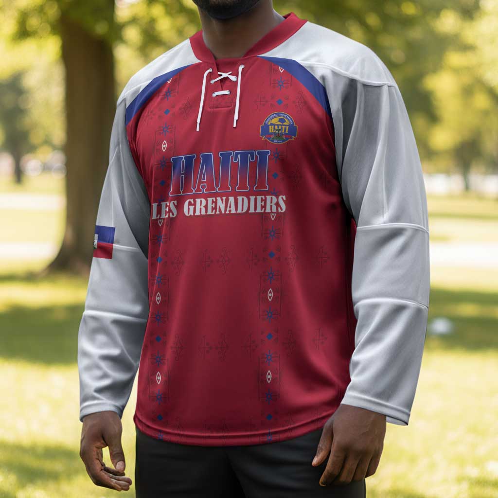 Custom Afro-Haitians Football Pride Hockey Jersey Les Grenadiers Veve Vodou Red Version