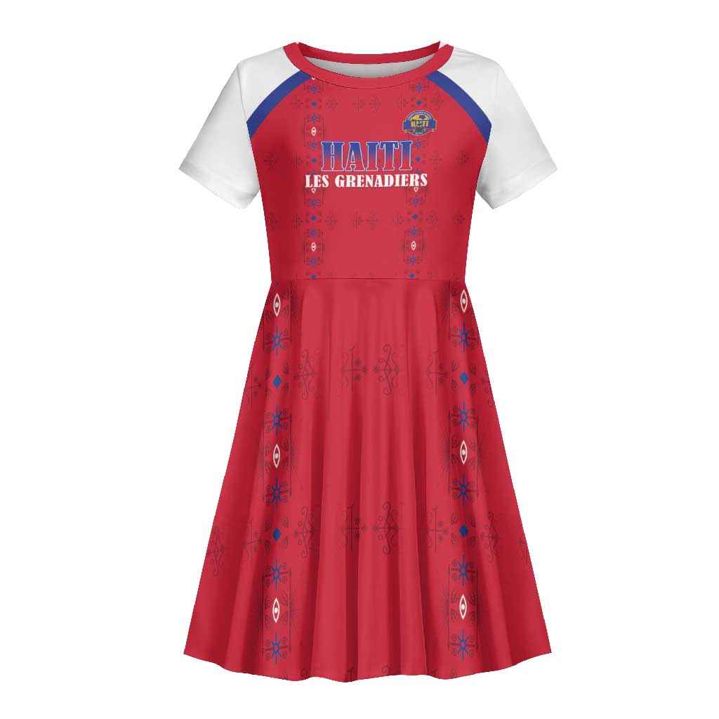 Custom Afro-Haitians Football Pride Kid Short Sleeve Dress Les Grenadiers Veve Vodou Red Version - African Pride