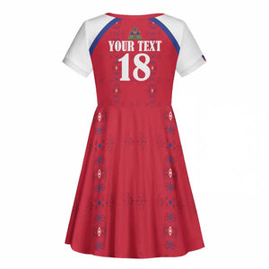 Custom Afro-Haitians Football Pride Kid Short Sleeve Dress Les Grenadiers Veve Vodou Red Version - African Pride