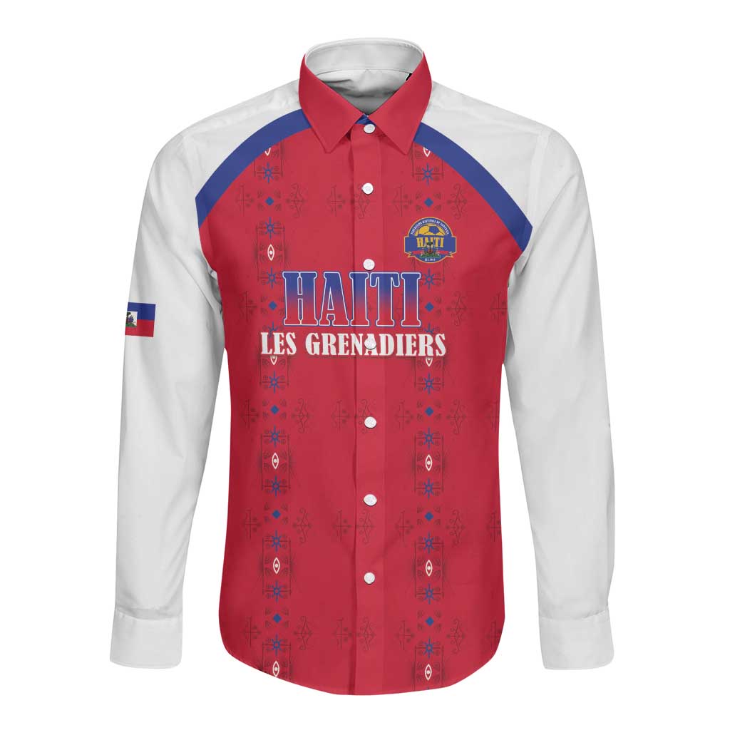 Custom Afro-Haitians Football Pride Long Sleeve Button Shirt Les Grenadiers Veve Vodou Red Version - African Pride