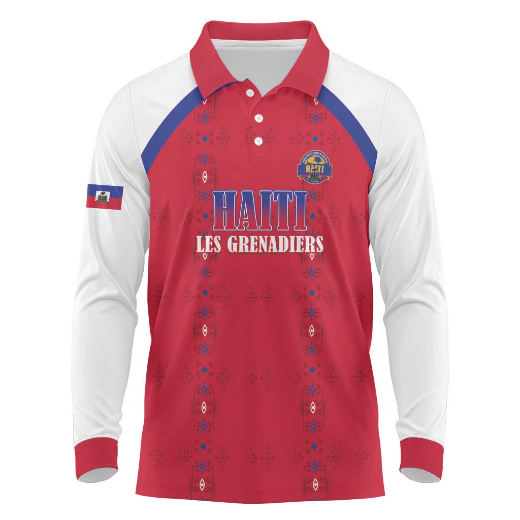 Custom Afro-Haitians Football Pride Long Sleeve Polo Shirt Les Grenadiers Veve Vodou Red Version - African Pride