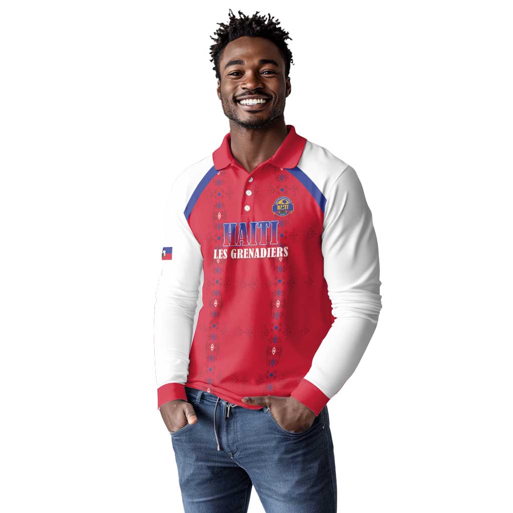 Custom Afro-Haitians Football Pride Long Sleeve Polo Shirt Les Grenadiers Veve Vodou Red Version - African Pride