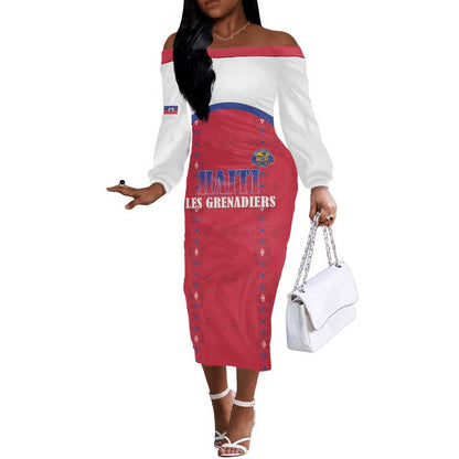 Custom Afro-Haitians Football Pride Off The Shoulder Long Sleeve Dress Les Grenadiers Veve Vodou Red Version - African Pride