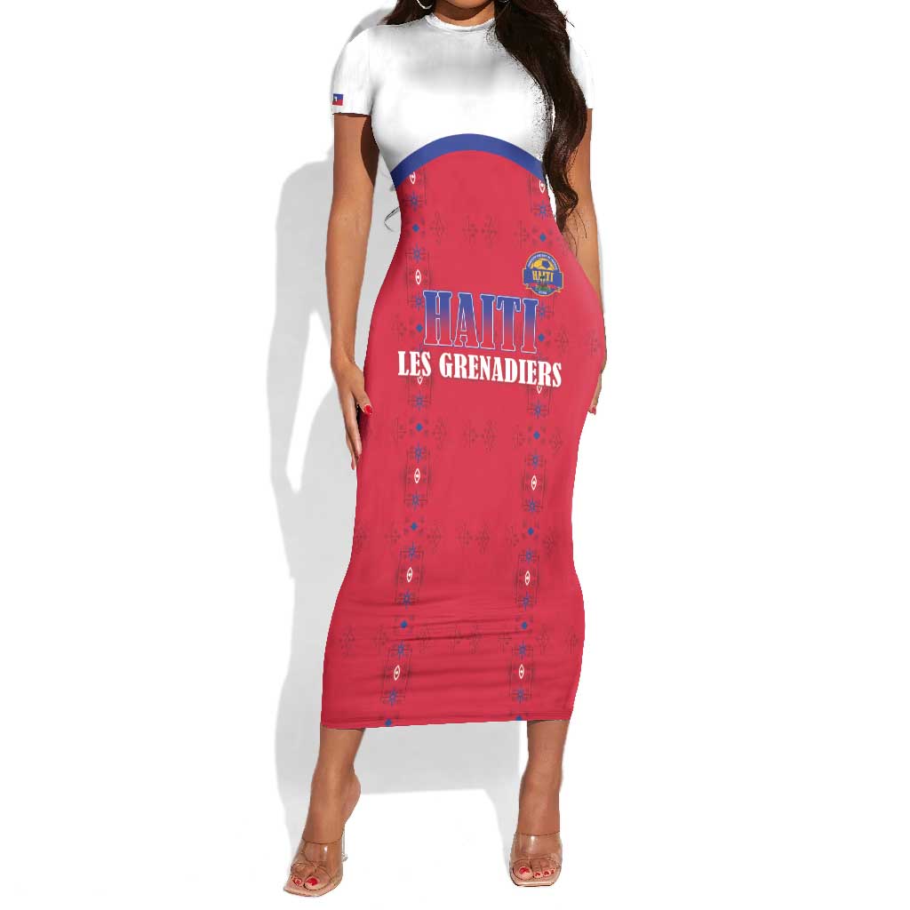 Custom Afro-Haitians Football Pride Short Sleeve Bodycon Dress Les Grenadiers Veve Vodou Red Version - African Pride
