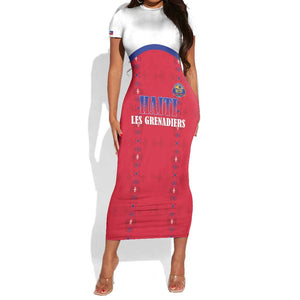 Custom Afro-Haitians Football Pride Short Sleeve Bodycon Dress Les Grenadiers Veve Vodou Red Version - African Pride