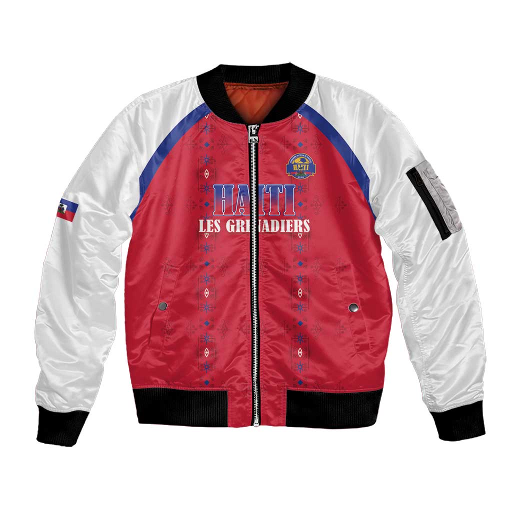Custom Afro-Haitians Football Pride Sleeve Zip Bomber Jacket Les Grenadiers Veve Vodou Red Version - African Pride
