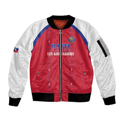 Custom Afro-Haitians Football Pride Sleeve Zip Bomber Jacket Les Grenadiers Veve Vodou Red Version - African Pride