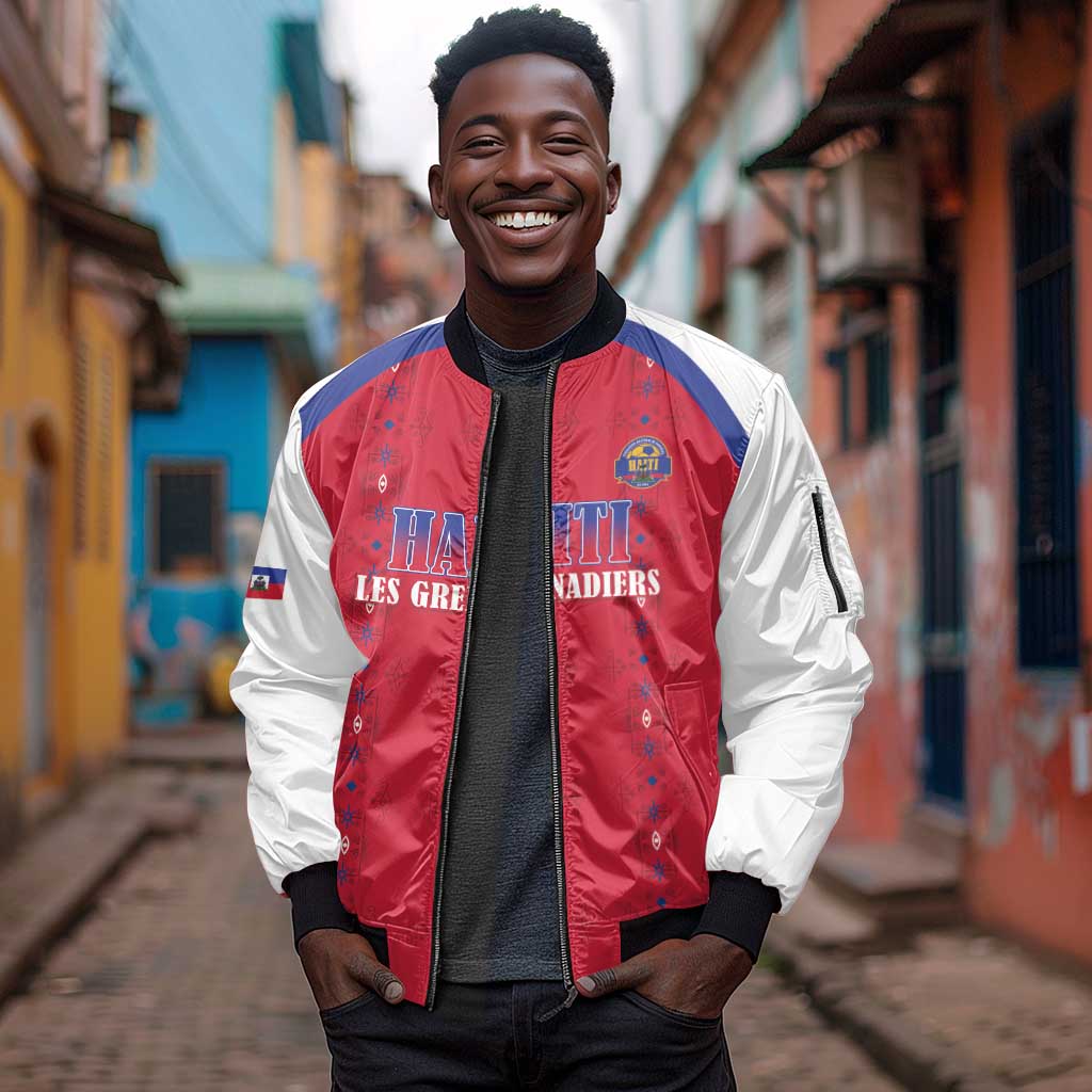 Custom Afro-Haitians Football Pride Sleeve Zip Bomber Jacket Les Grenadiers Veve Vodou Red Version - African Pride
