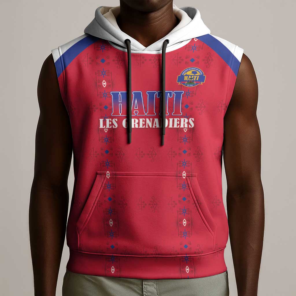 Custom Afro-Haitians Football Pride Sleeveless Hoodie Les Grenadiers Veve Vodou Red Version - African Pride