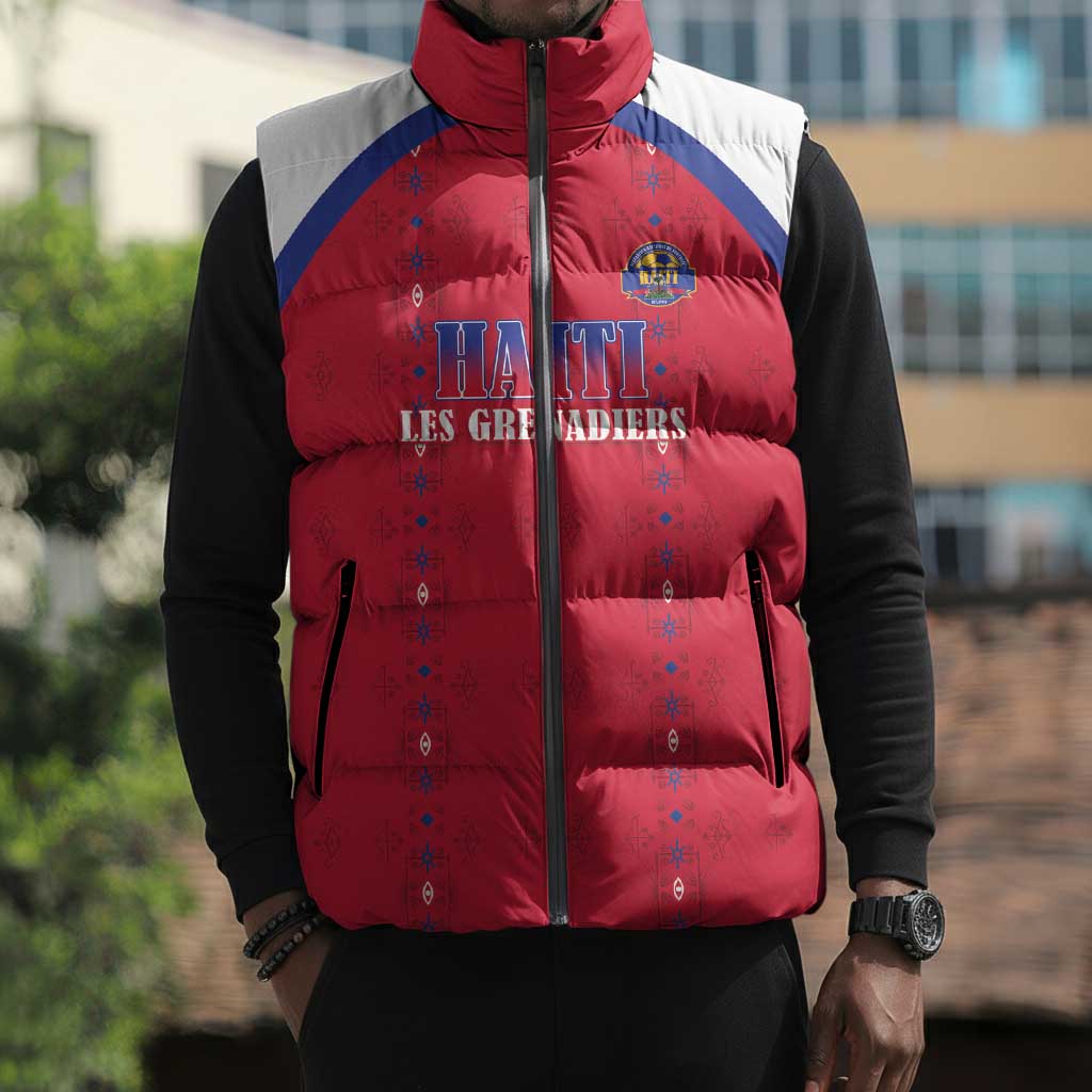 Custom Afro-Haitians Football Pride Sleeveless Puffer Jacket Les Grenadiers Veve Vodou Red Version