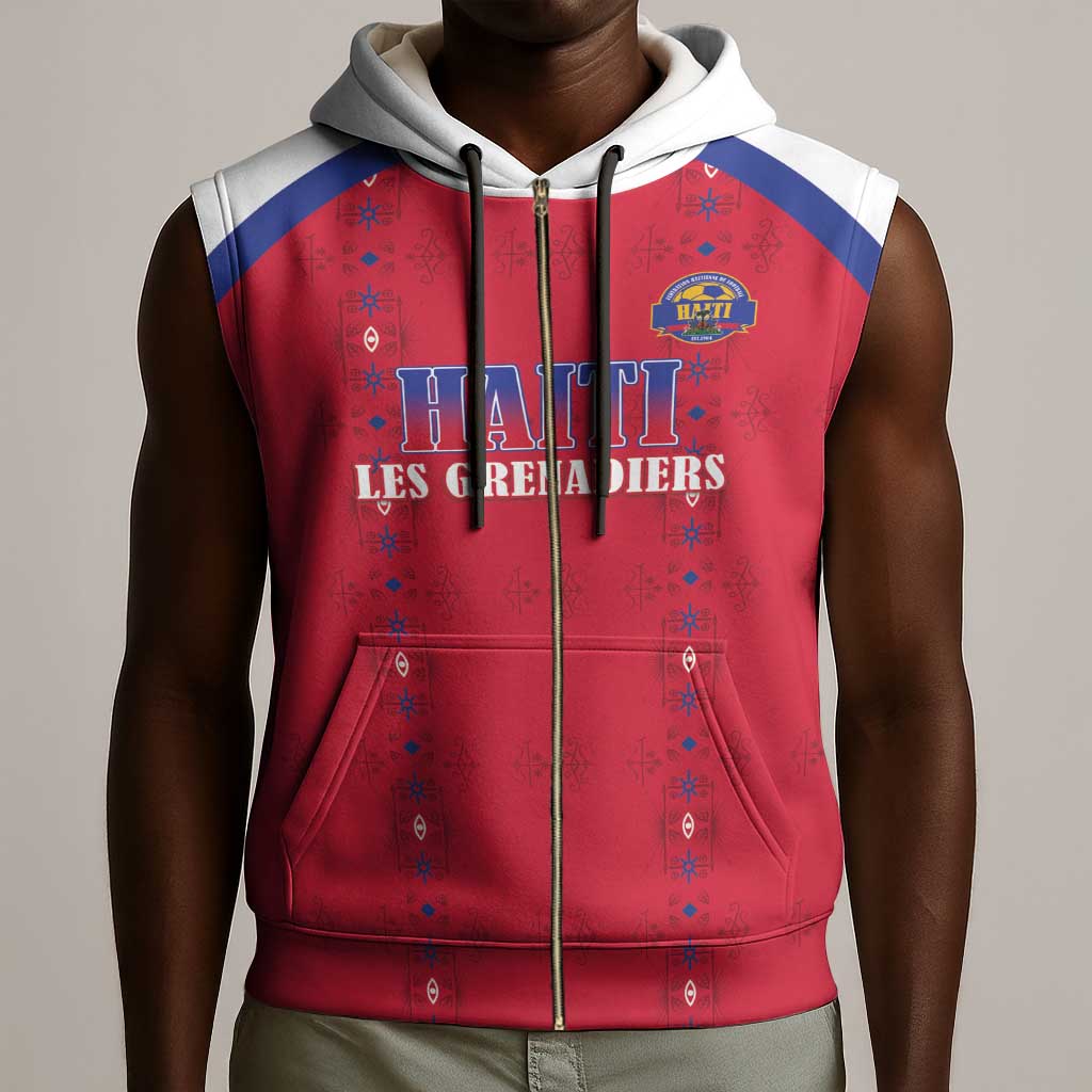 Custom Afro-Haitians Football Pride Sleeveless Zip Hoodie Les Grenadiers Veve Vodou Red Version - African Pride