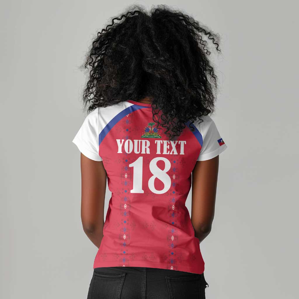 Custom Afro-Haitians Football Pride Women V-Neck T-Shirt Les Grenadiers Veve Vodou Red Version - African Pride
