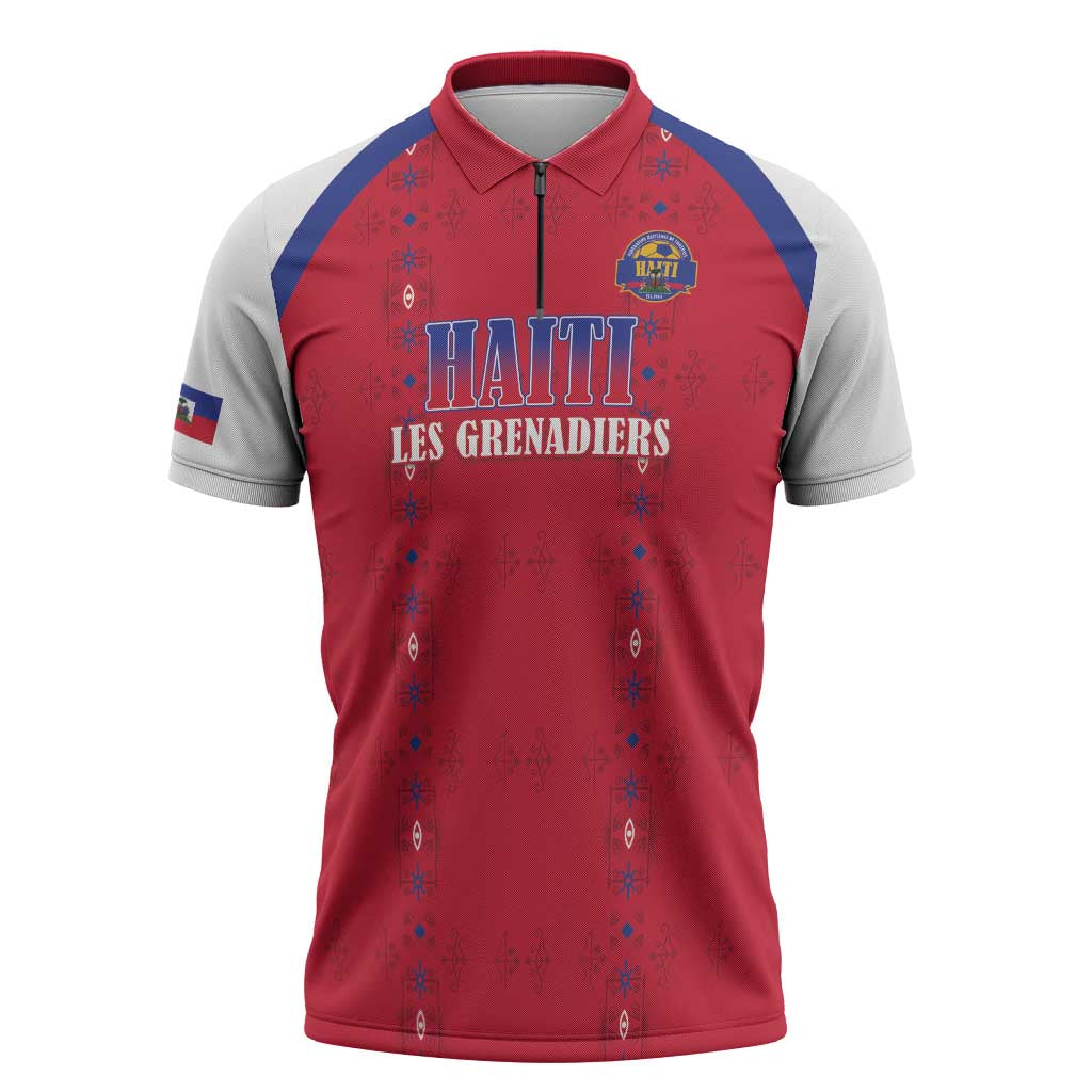 Custom Afro-Haitians Football Pride Zipper Polo Shirt Les Grenadiers Veve Vodou Red Version