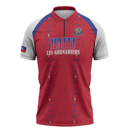 Custom Afro-Haitians Football Pride Zipper Polo Shirt Les Grenadiers Veve Vodou Red Version