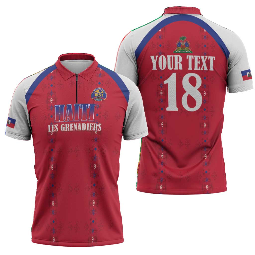 Custom Afro-Haitians Football Pride Zipper Polo Shirt Les Grenadiers Veve Vodou Red Version