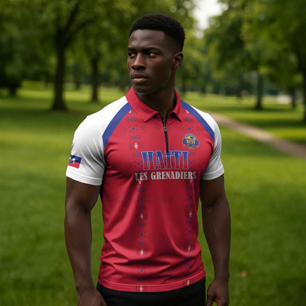 Custom Afro-Haitians Football Pride Zipper Polo Shirt Les Grenadiers Veve Vodou Red Version