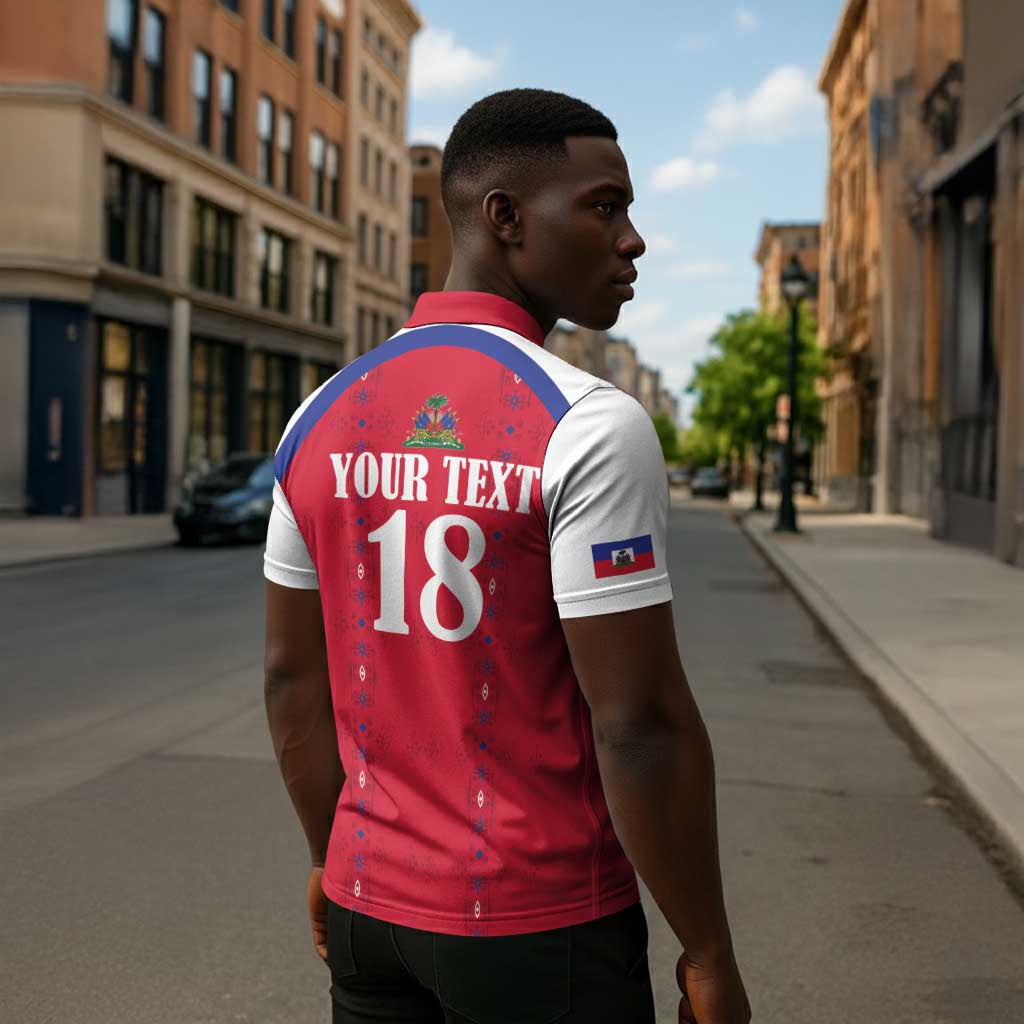 Custom Afro-Haitians Football Pride Zipper Polo Shirt Les Grenadiers Veve Vodou Red Version