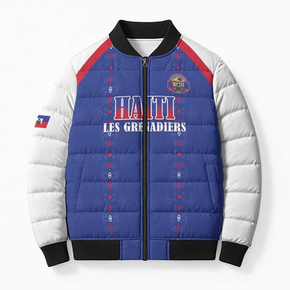 Custom Afro-Haitians Football Pride Bomber Puffer Jacket Les Grenadiers Veve Vodou Blue Version