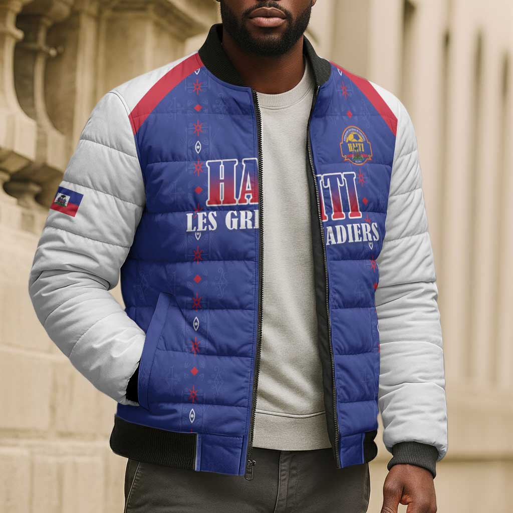 Custom Afro-Haitians Football Pride Bomber Puffer Jacket Les Grenadiers Veve Vodou Blue Version
