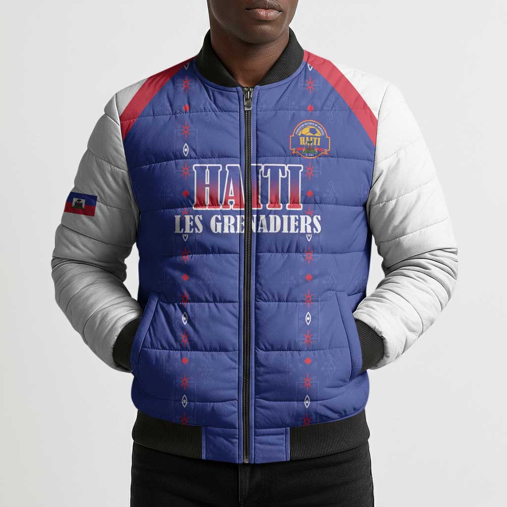 Custom Afro-Haitians Football Pride Bomber Puffer Jacket Les Grenadiers Veve Vodou Blue Version