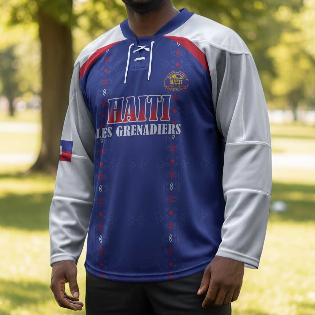 Custom Afro-Haitians Football Pride Hockey Jersey Les Grenadiers Veve Vodou Blue Version