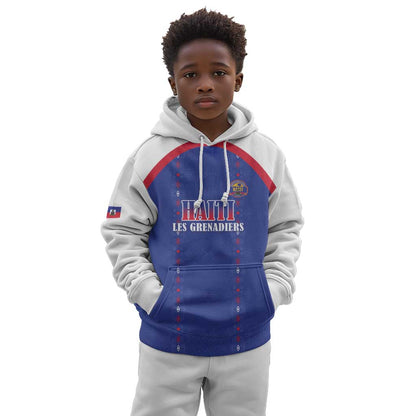Custom Afro-Haitians Football Pride Kid Hoodie Les Grenadiers Veve Vodou Blue Version - African Pride