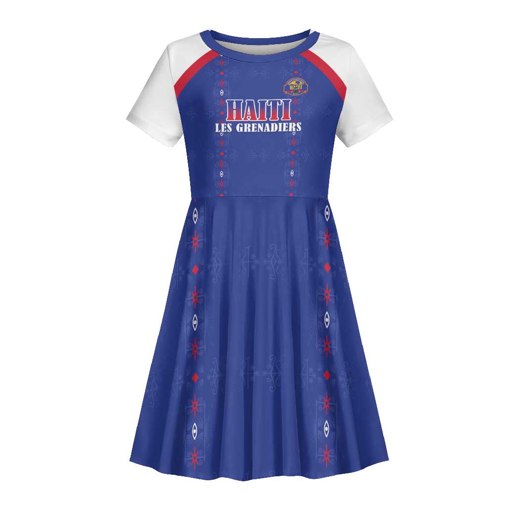 Custom Afro-Haitians Football Pride Kid Short Sleeve Dress Les Grenadiers Veve Vodou Blue Version - African Pride