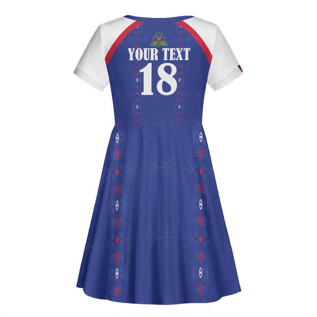 Custom Afro-Haitians Football Pride Kid Short Sleeve Dress Les Grenadiers Veve Vodou Blue Version - African Pride