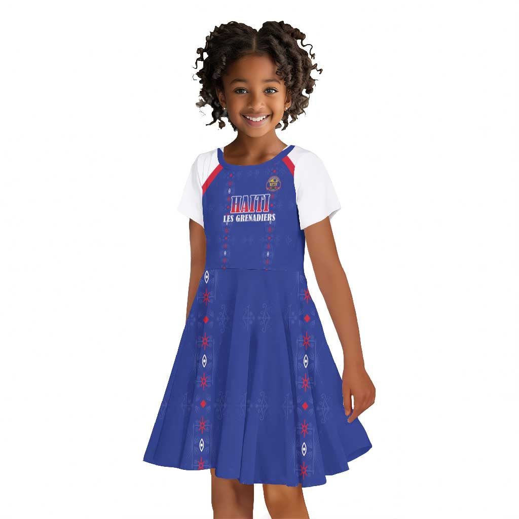 Custom Afro-Haitians Football Pride Kid Short Sleeve Dress Les Grenadiers Veve Vodou Blue Version - African Pride