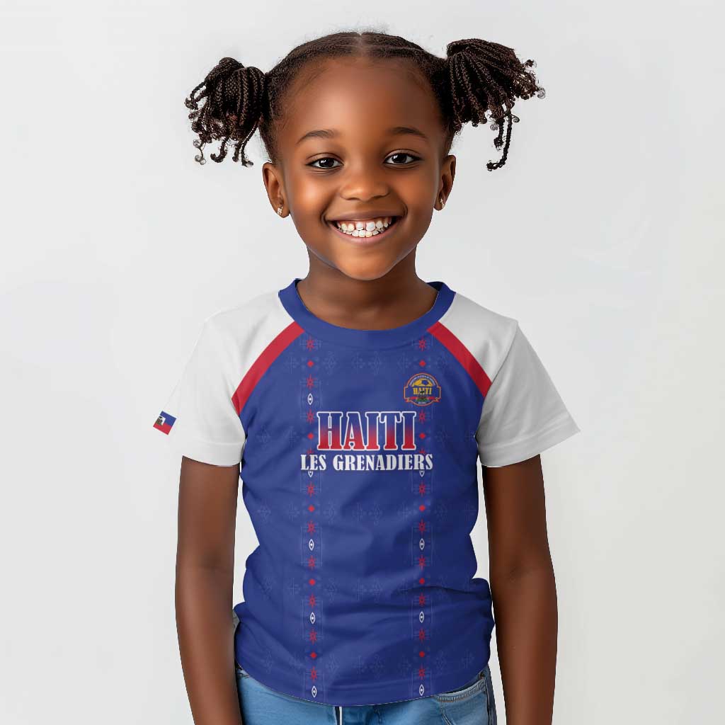 Custom Afro-Haitians Football Pride Kid T shirt Les Grenadiers Veve Vodou Blue Version - African Pride