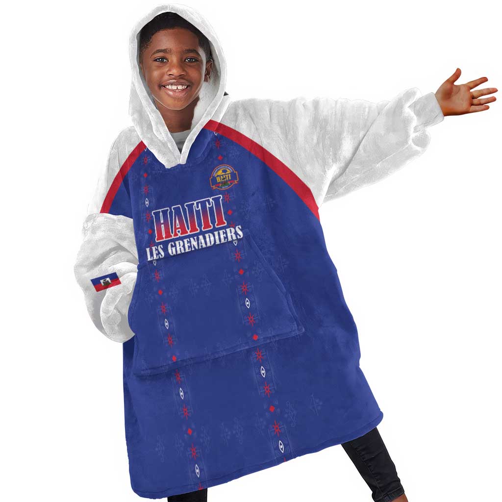 Custom Afro-Haitians Football Pride Kid Wearable Blanket Hoodie Les Grenadiers Veve Vodou Blue Version - African Pride