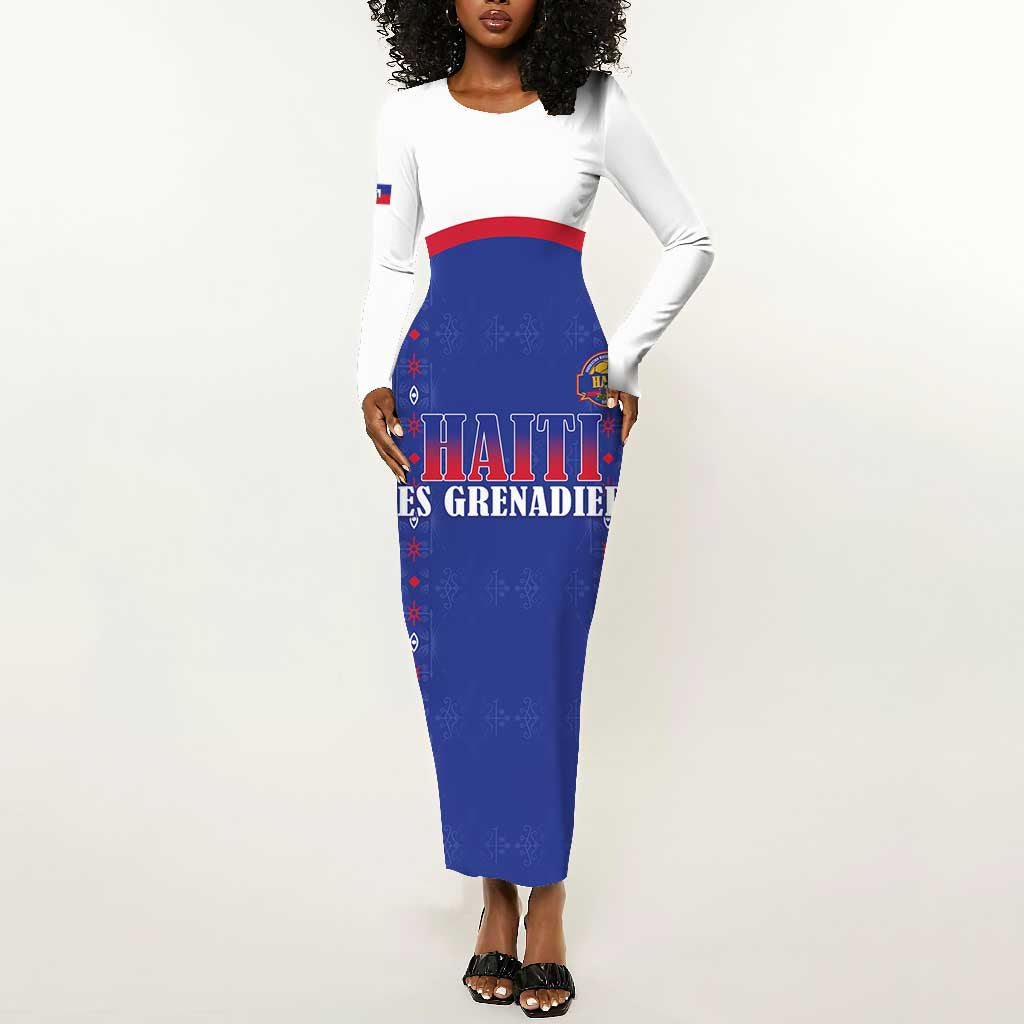 Custom Afro-Haitians Football Pride Long Sleeve Bodycon Dress Les Grenadiers Veve Vodou Blue Version - African Pride