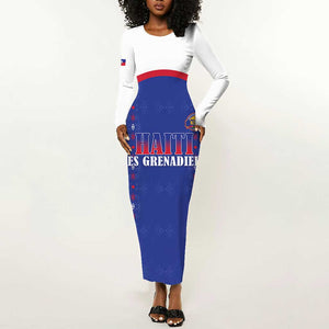 Custom Afro-Haitians Football Pride Long Sleeve Bodycon Dress Les Grenadiers Veve Vodou Blue Version - African Pride