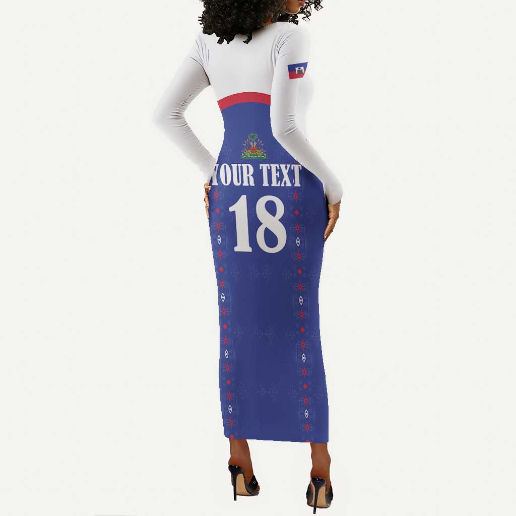 Custom Afro-Haitians Football Pride Long Sleeve Bodycon Dress Les Grenadiers Veve Vodou Blue Version - African Pride