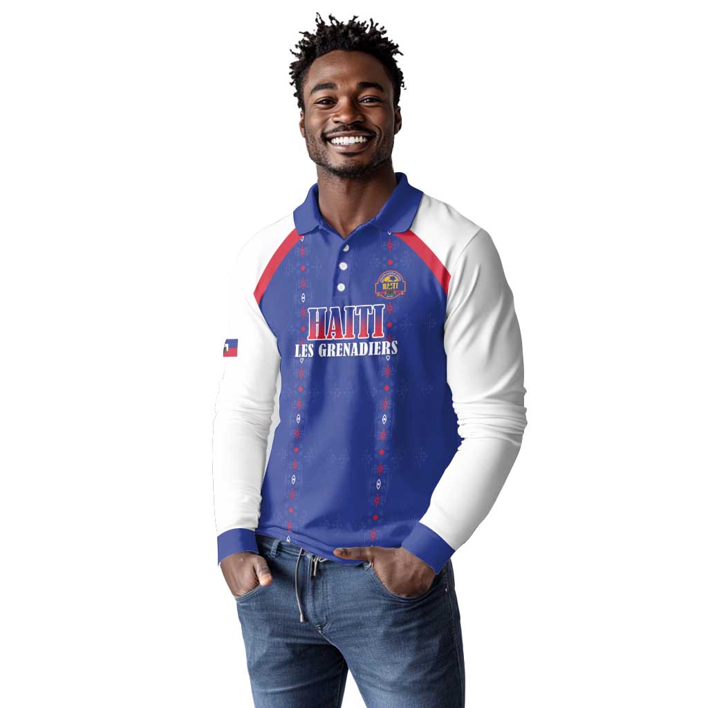 Custom Afro-Haitians Football Pride Long Sleeve Polo Shirt Les Grenadiers Veve Vodou Blue Version - African Pride