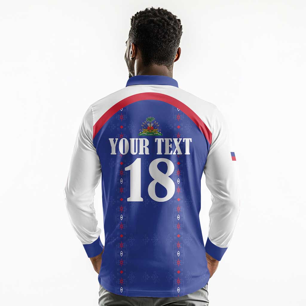 Custom Afro-Haitians Football Pride Long Sleeve Polo Shirt Les Grenadiers Veve Vodou Blue Version - African Pride