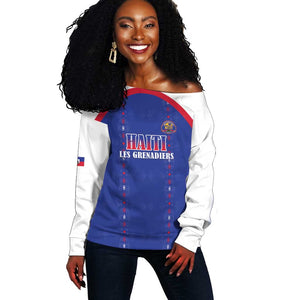 Custom Afro-Haitians Football Pride Off Shoulder Sweater Les Grenadiers Veve Vodou Blue Version - African Pride