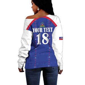 Custom Afro-Haitians Football Pride Off Shoulder Sweater Les Grenadiers Veve Vodou Blue Version - African Pride