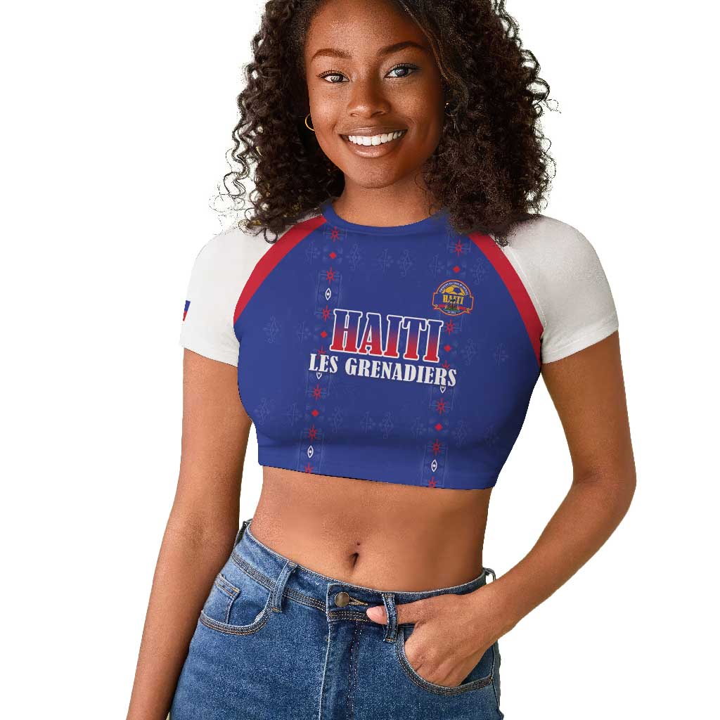 Custom Afro-Haitians Football Pride Raglan Cropped T shirt Les Grenadiers Veve Vodou Blue Version - African Pride