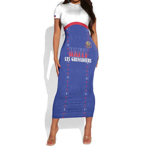 Custom Afro-Haitians Football Pride Short Sleeve Bodycon Dress Les Grenadiers Veve Vodou Blue Version - African Pride