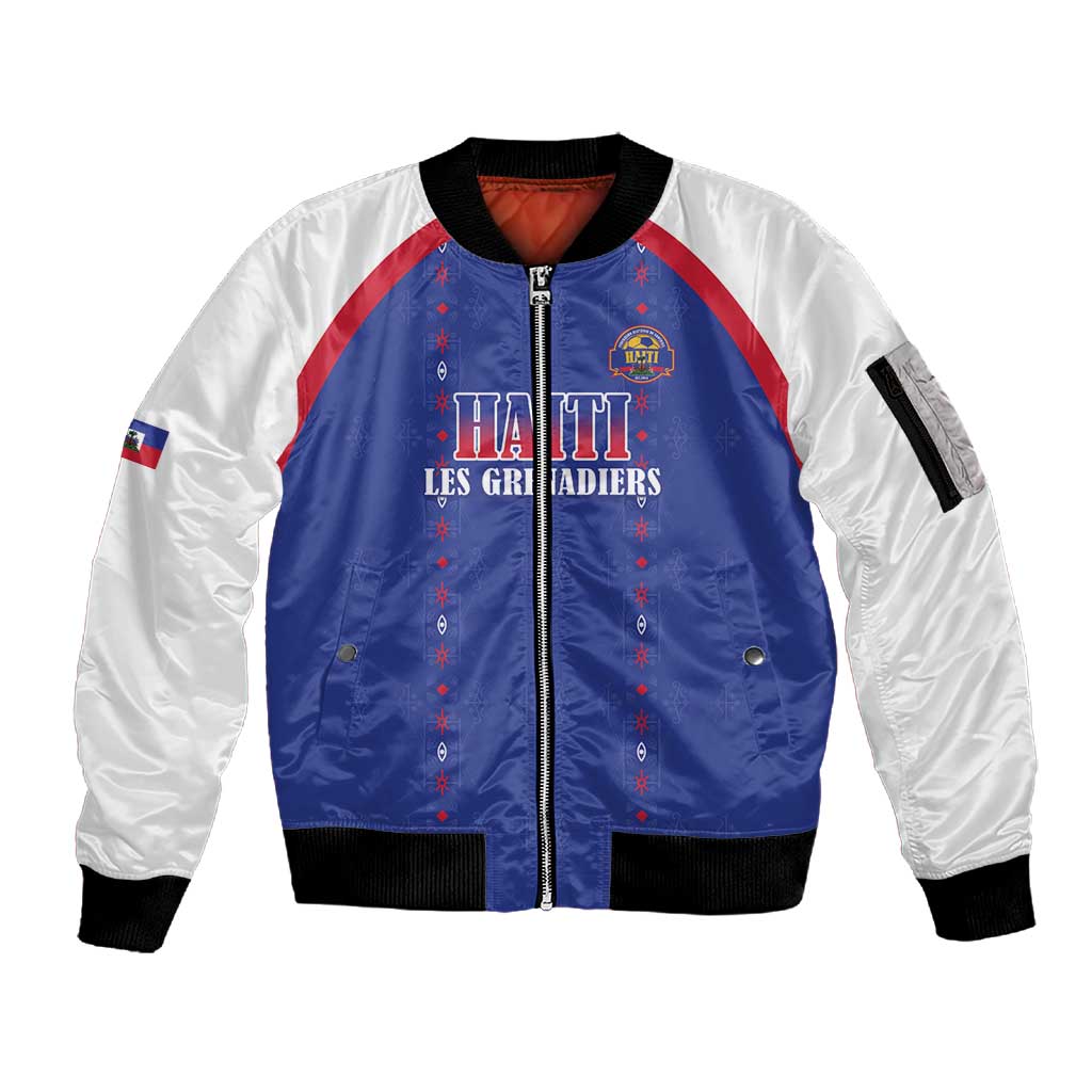 Custom Afro-Haitians Football Pride Sleeve Zip Bomber Jacket Les Grenadiers Veve Vodou Blue Version - African Pride