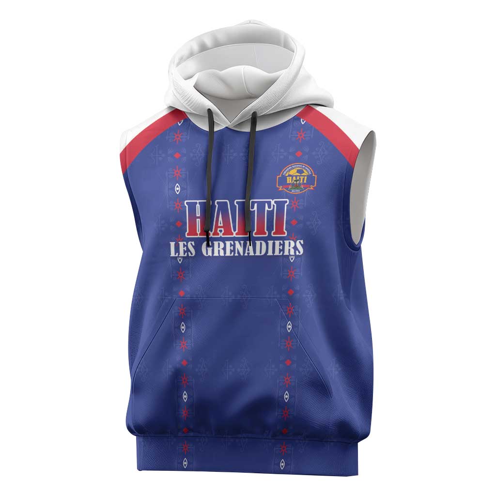 Custom Afro-Haitians Football Pride Sleeveless Hoodie Les Grenadiers Veve Vodou Blue Version - African Pride